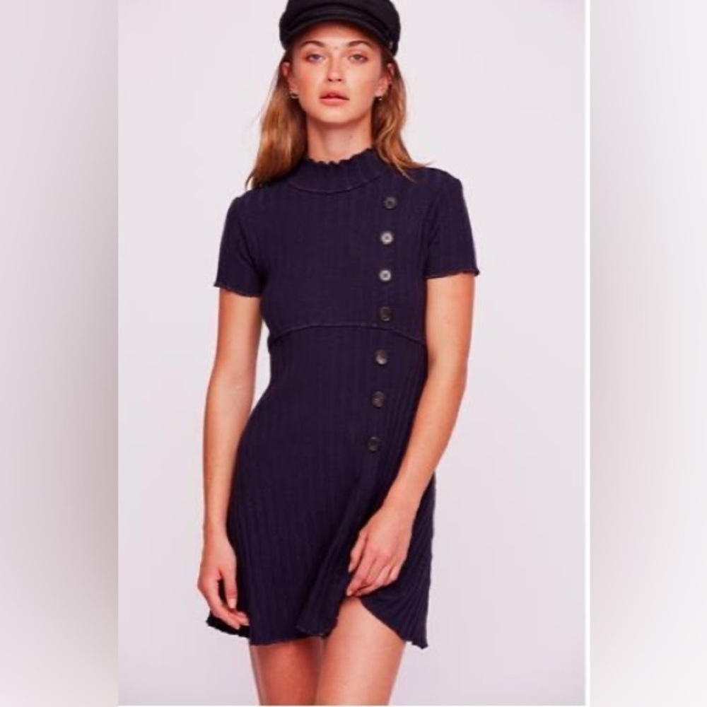 Free People Lottie Ribbed Knit Mini Dress Navy Size:M